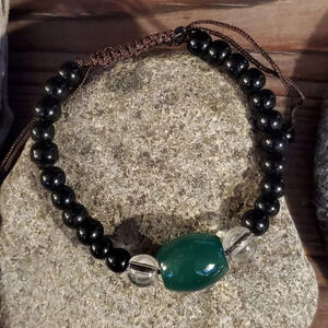 Tibetan Green Barrel Agate Black Beads Bracelet